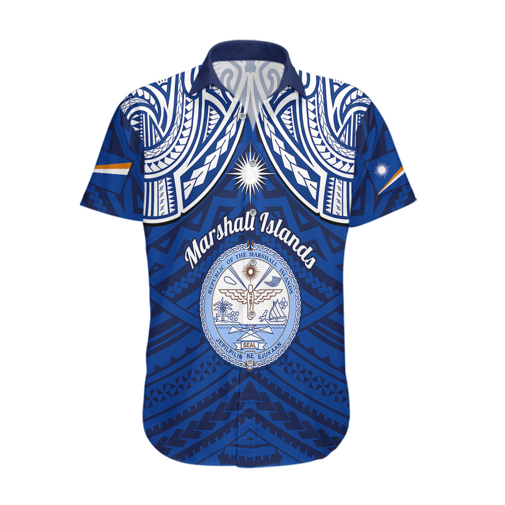 Marshall Islands Hawaiian Shirt Blue Polynesian Tribal Mix Coat Of Arms LT14 Blue - Polynesian Pride