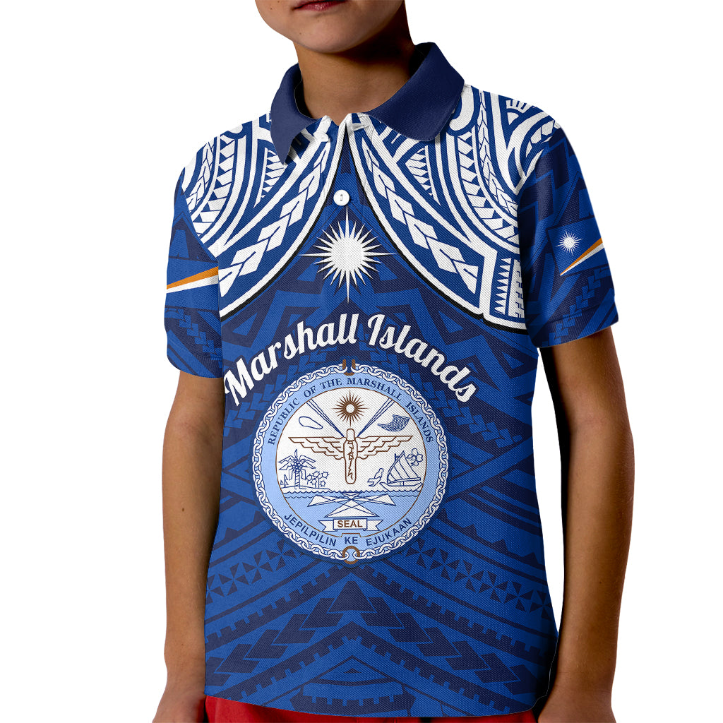 Marshall Islands Kid Polo Shirt Blue Polynesian Tribal Mix Coat Of Arms LT14 Kid Blue - Polynesian Pride