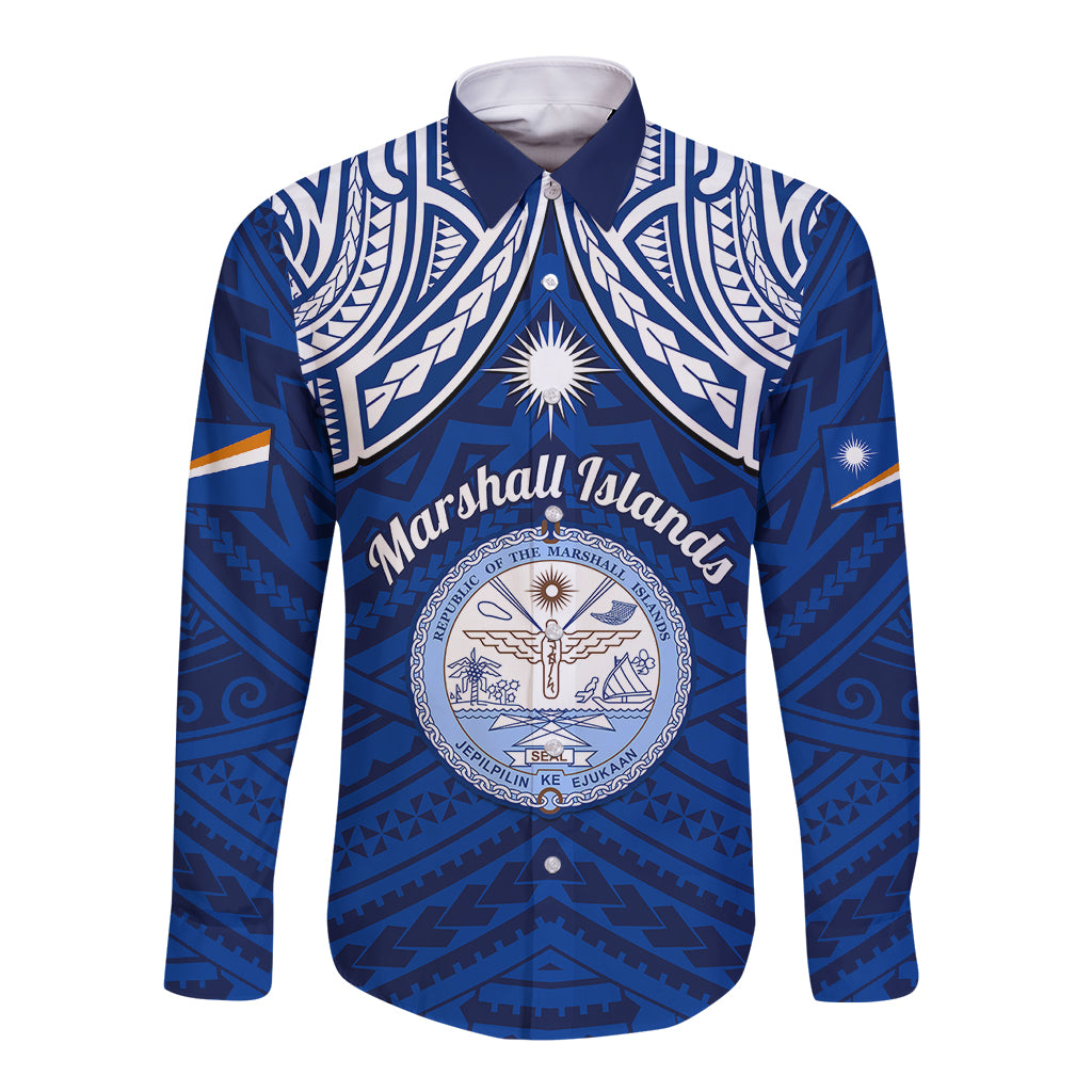 Marshall Islands Long Sleeve Button Shirt Blue Polynesian Tribal Mix Coat Of Arms LT14 Unisex Blue - Polynesian Pride