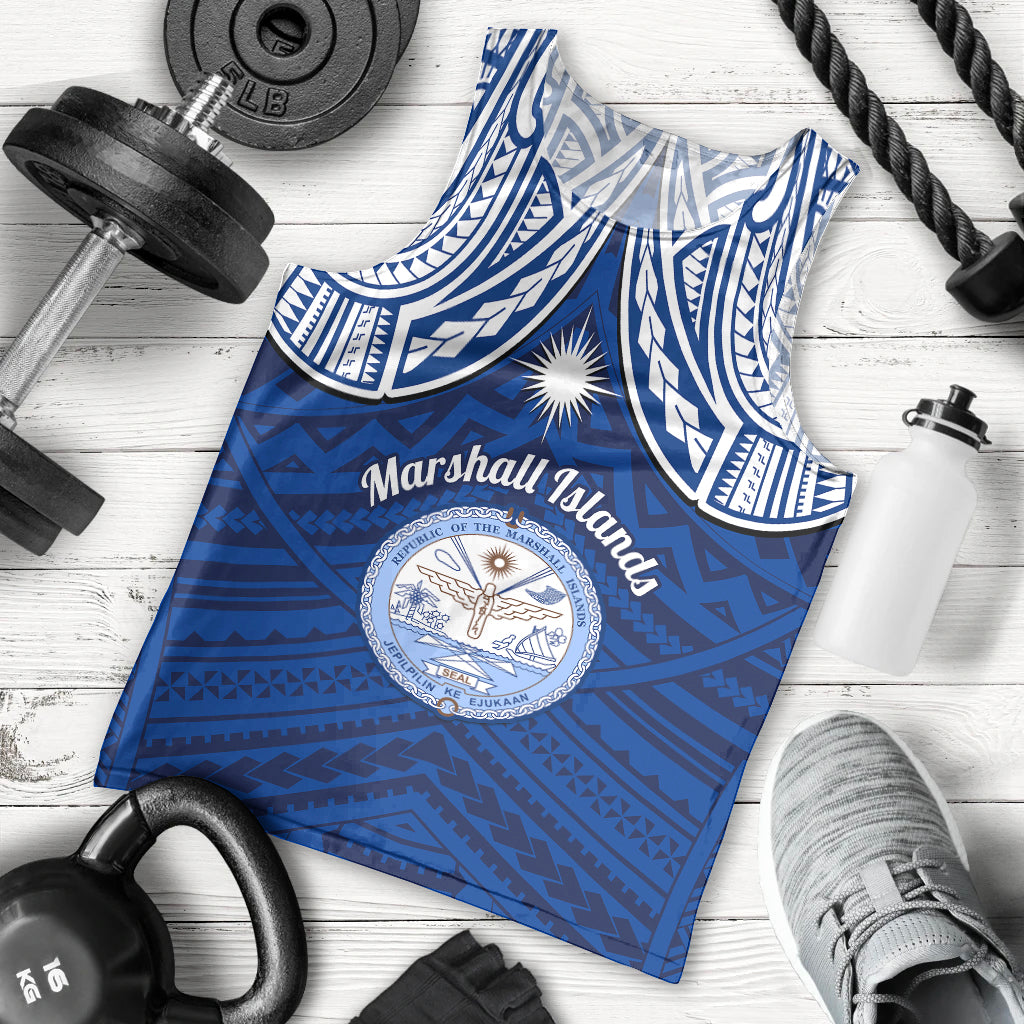 Marshall Islands Men Tank Top Blue Polynesian Tribal Mix Coat Of Arms LT14 Blue - Polynesian Pride