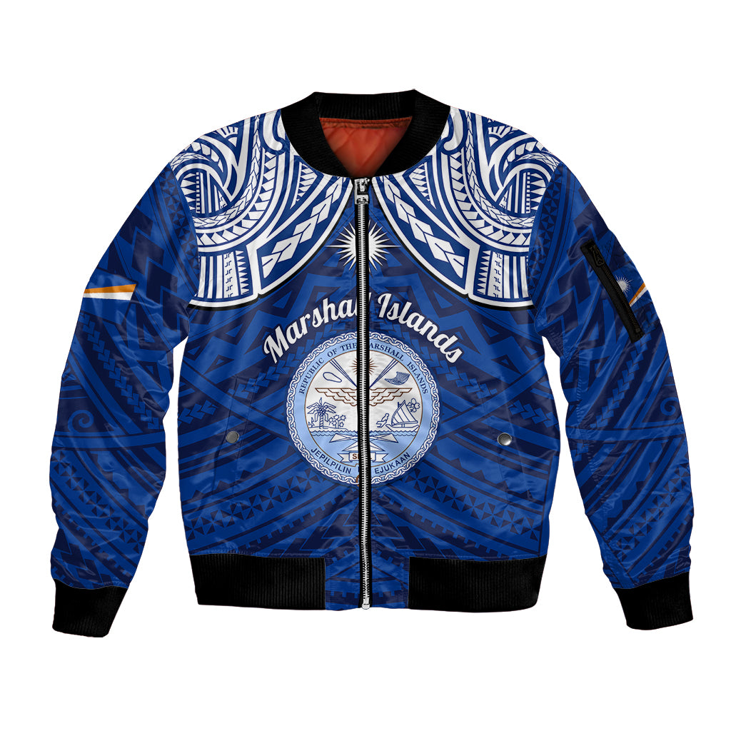 Marshall Islands Sleeve Zip Bomber Jacket Blue Polynesian Tribal Mix Coat Of Arms LT14 Unisex Blue - Polynesian Pride