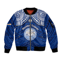 Marshall Islands Sleeve Zip Bomber Jacket Blue Polynesian Tribal Mix Coat Of Arms LT14 Unisex Blue - Polynesian Pride