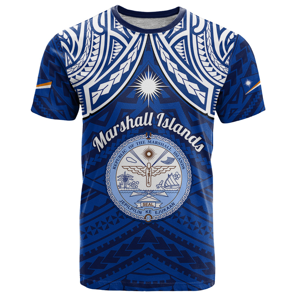 Marshall Islands T Shirt Blue Polynesian Tribal Mix Coat Of Arms LT14 Blue - Polynesian Pride