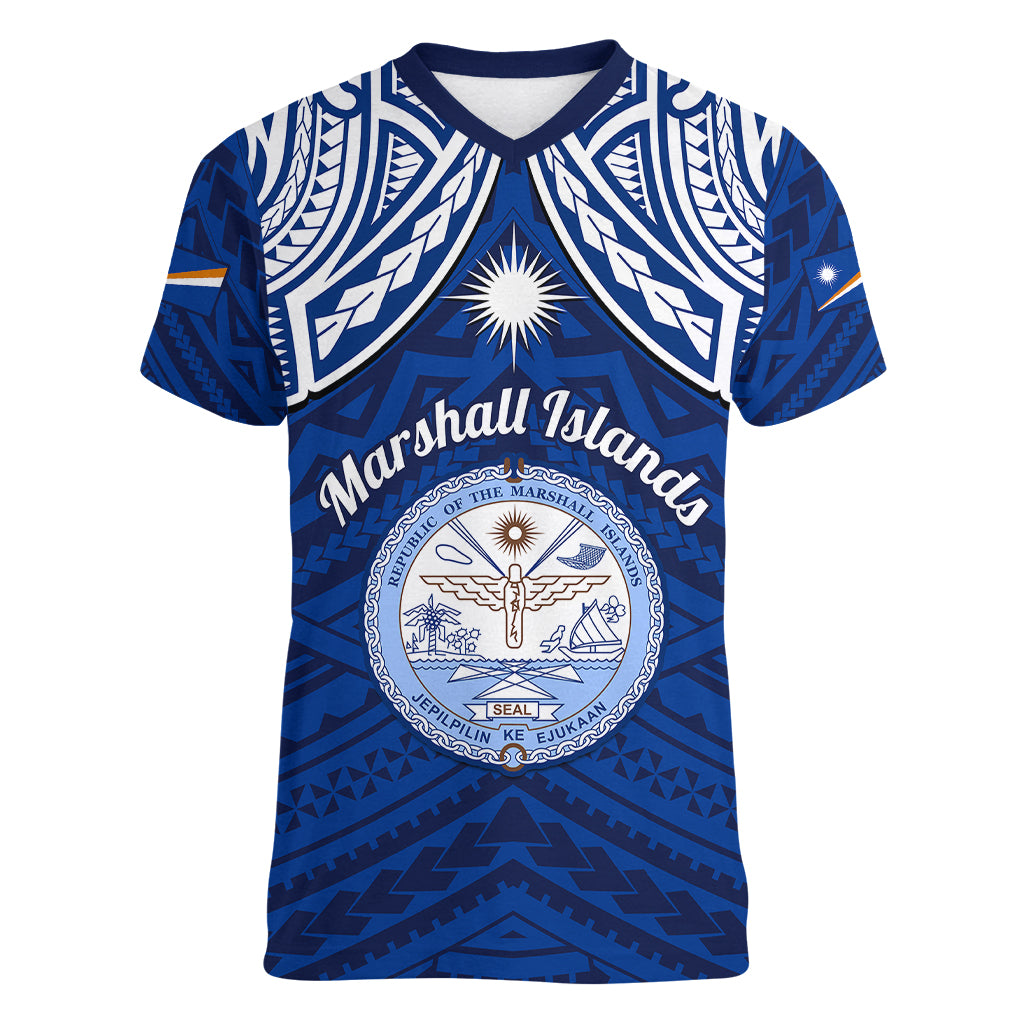 Marshall Islands Women V Neck T Shirt Blue Polynesian Tribal Mix Coat Of Arms LT14 Female Blue - Polynesian Pride