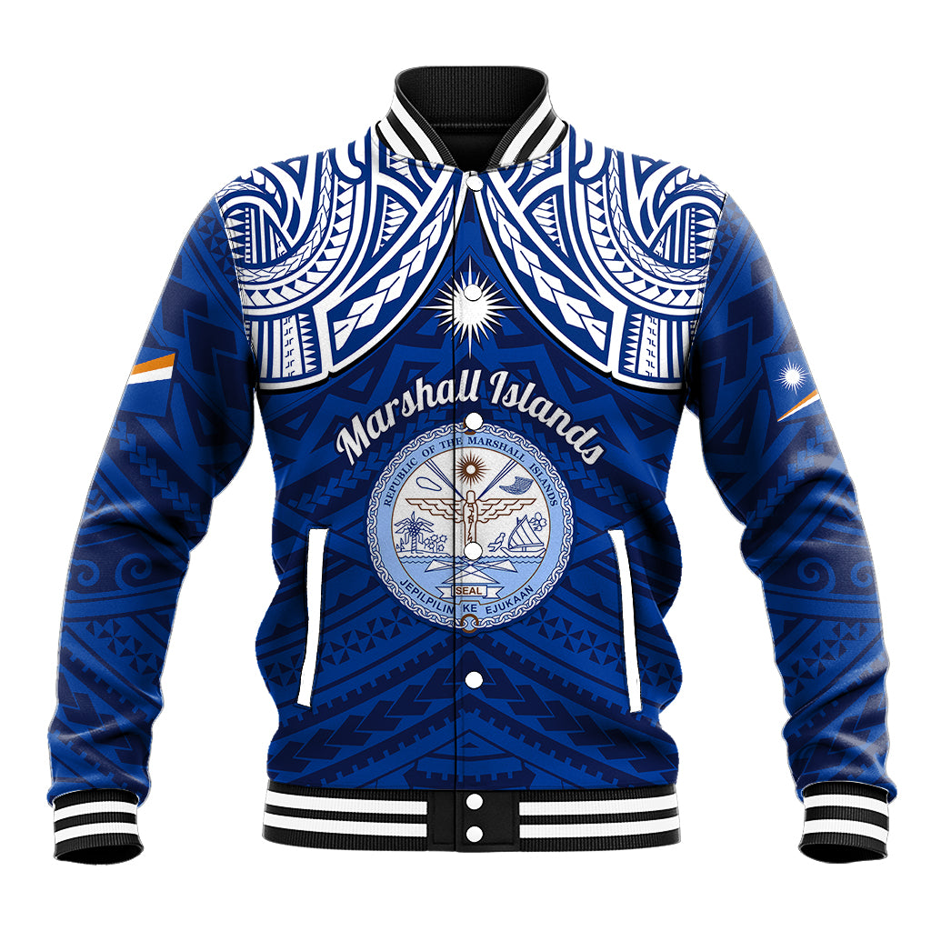 Personalised Marshall Islands Baseball Jacket Blue Polynesian Tribal Mix Coat Of Arms LT14 Unisex Blue - Polynesian Pride