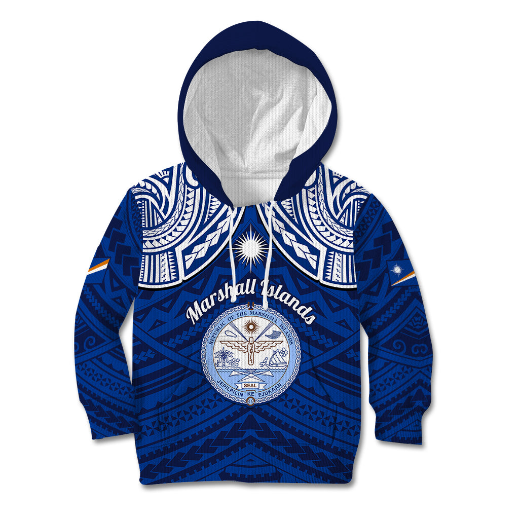 Personalised Marshall Islands Kid Hoodie Blue Polynesian Tribal Mix Coat Of Arms LT14 Hoodie Blue - Polynesian Pride