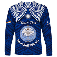 Personalised Marshall Islands Long Sleeve Shirt Blue Polynesian Tribal Mix Coat Of Arms LT14 - Polynesian Pride