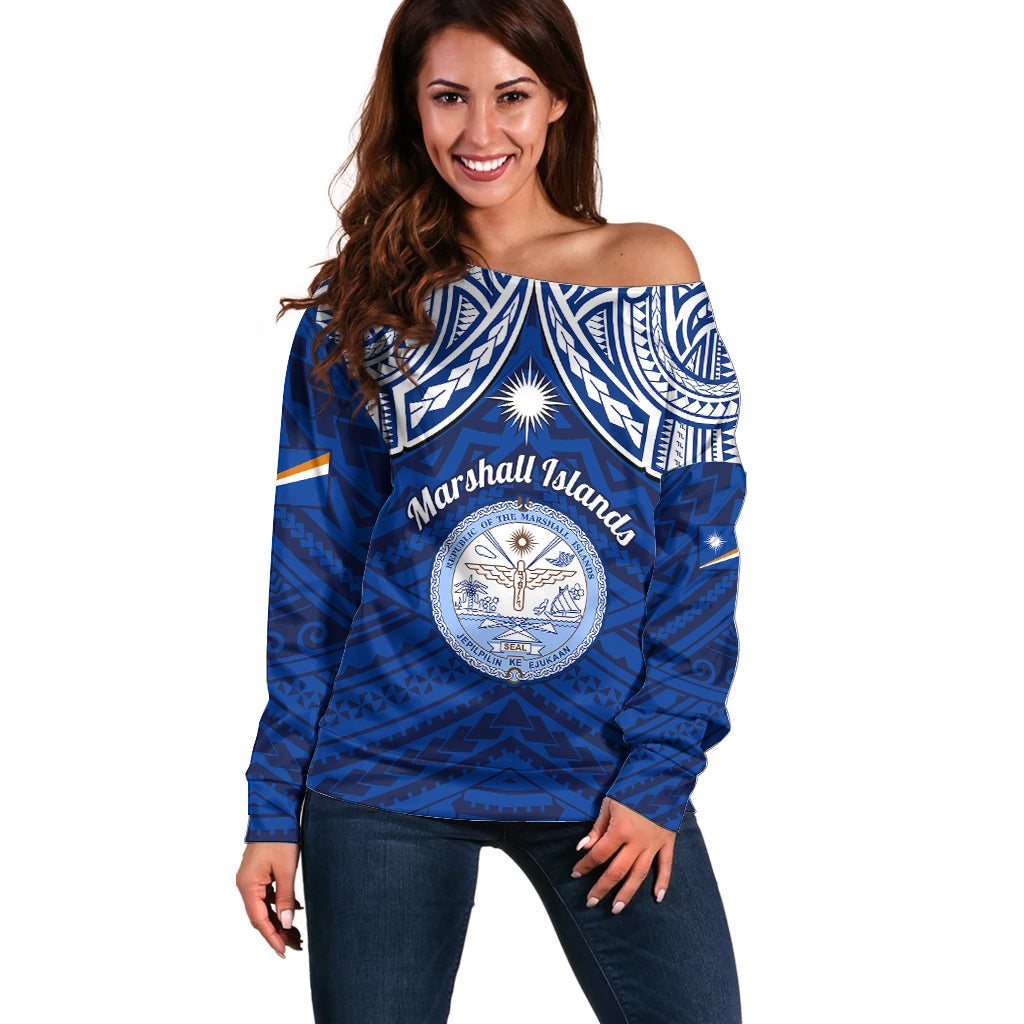 Personalised Marshall Islands Off Shoulder Sweater Blue Polynesian Tribal Mix Coat Of Arms LT14 Women Blue - Polynesian Pride