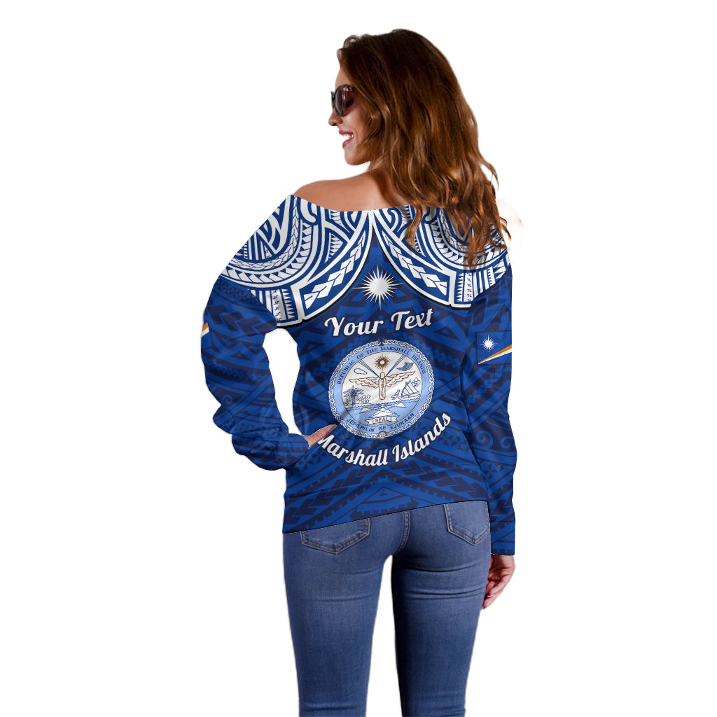 Personalised Marshall Islands Off Shoulder Sweater Blue Polynesian Tribal Mix Coat Of Arms LT14 - Polynesian Pride
