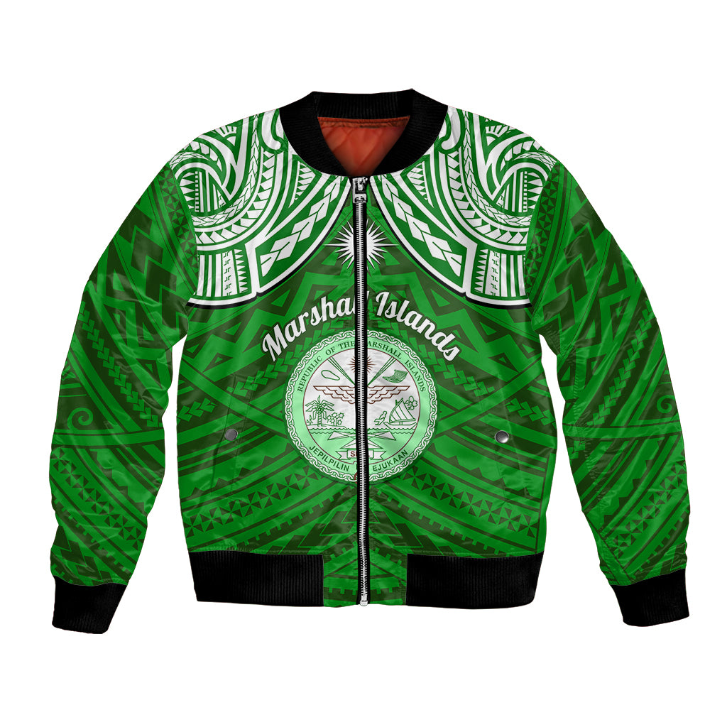 Personalised Marshall Islands Bomber Jacket Green Polynesian Tribal Mix Coat Of Arms LT14 Unisex Green - Polynesian Pride