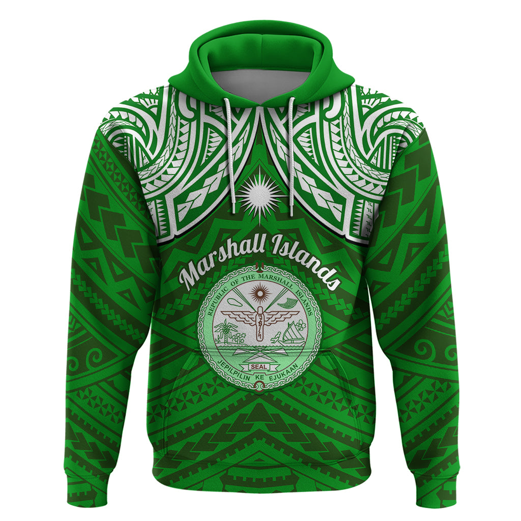 Custom Marshall Islands Hoodie Green Polynesian Tribal Mix Coat of Arms LT14 Pullover Hoodie Green - Polynesian Pride