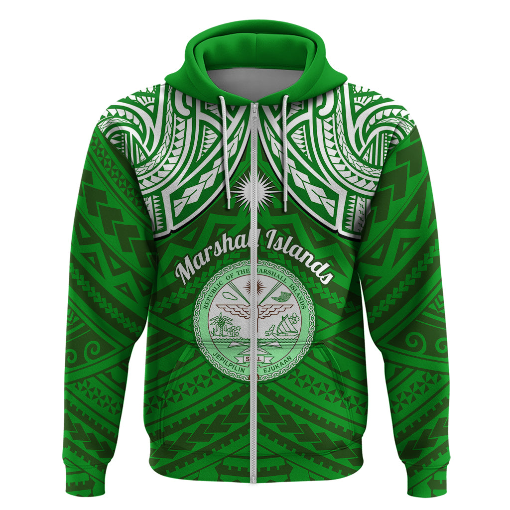 Custom Marshall Islands Hoodie Green Polynesian Tribal Mix Coat of Arms LT14 Zip Hoodie Green - Polynesian Pride