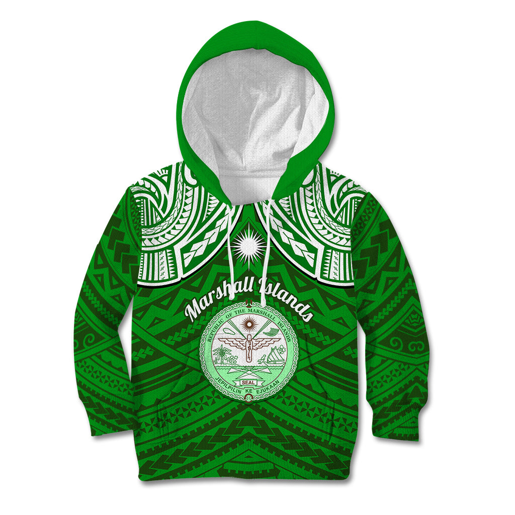 Personalised Marshall Islands Kid Hoodie Green Polynesian Tribal Mix Coat Of Arms LT14 Hoodie Green - Polynesian Pride