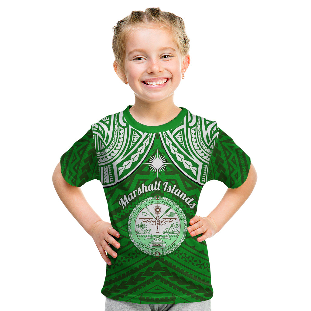 Personalised Marshall Islands Kid T Shirt Green Polynesian Tribal Mix Coat Of Arms LT14 Green - Polynesian Pride