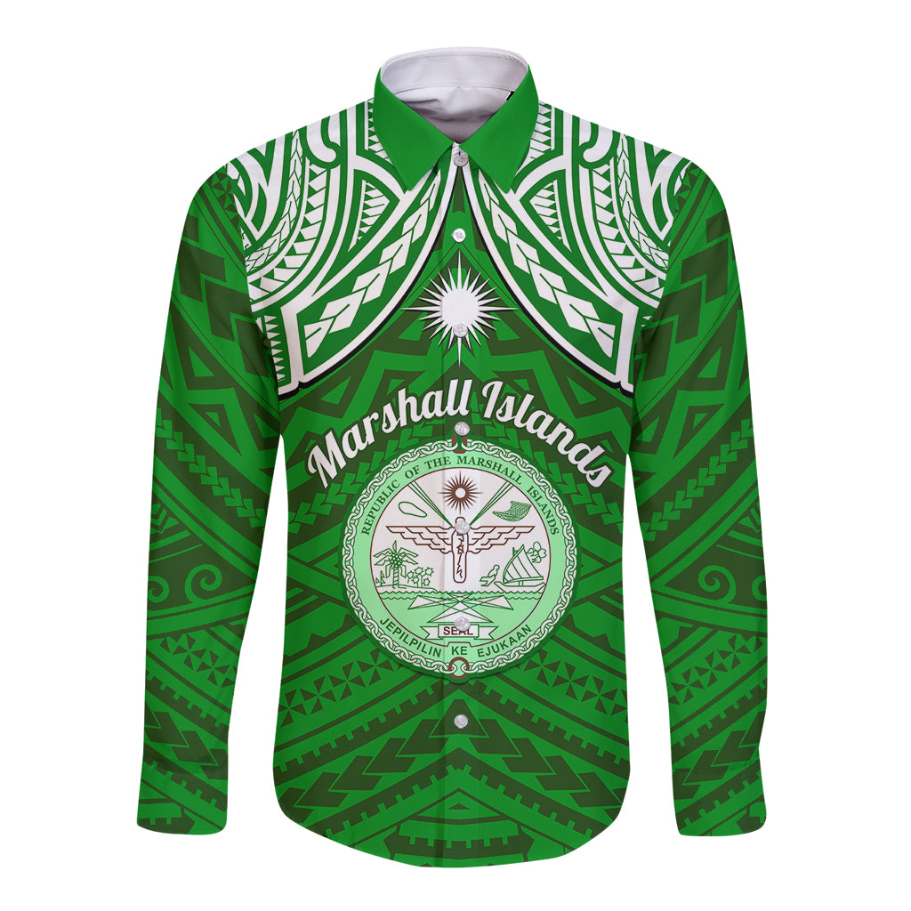 Personalised Marshall Islands Long Sleeve Button Shirt Green Polynesian Tribal Mix Coat Of Arms LT14 Unisex Green - Polynesian Pride