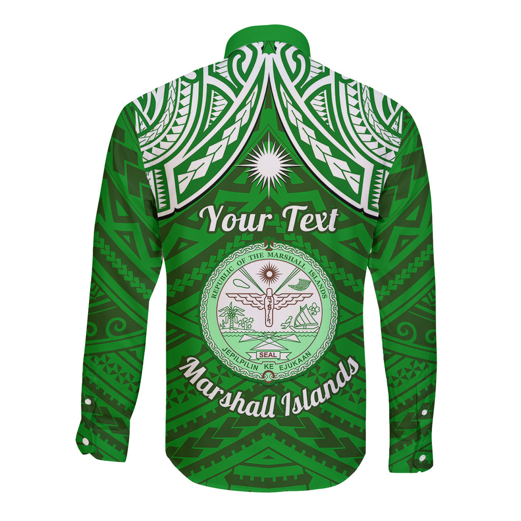 Personalised Marshall Islands Long Sleeve Button Shirt Green Polynesian Tribal Mix Coat Of Arms LT14 - Polynesian Pride
