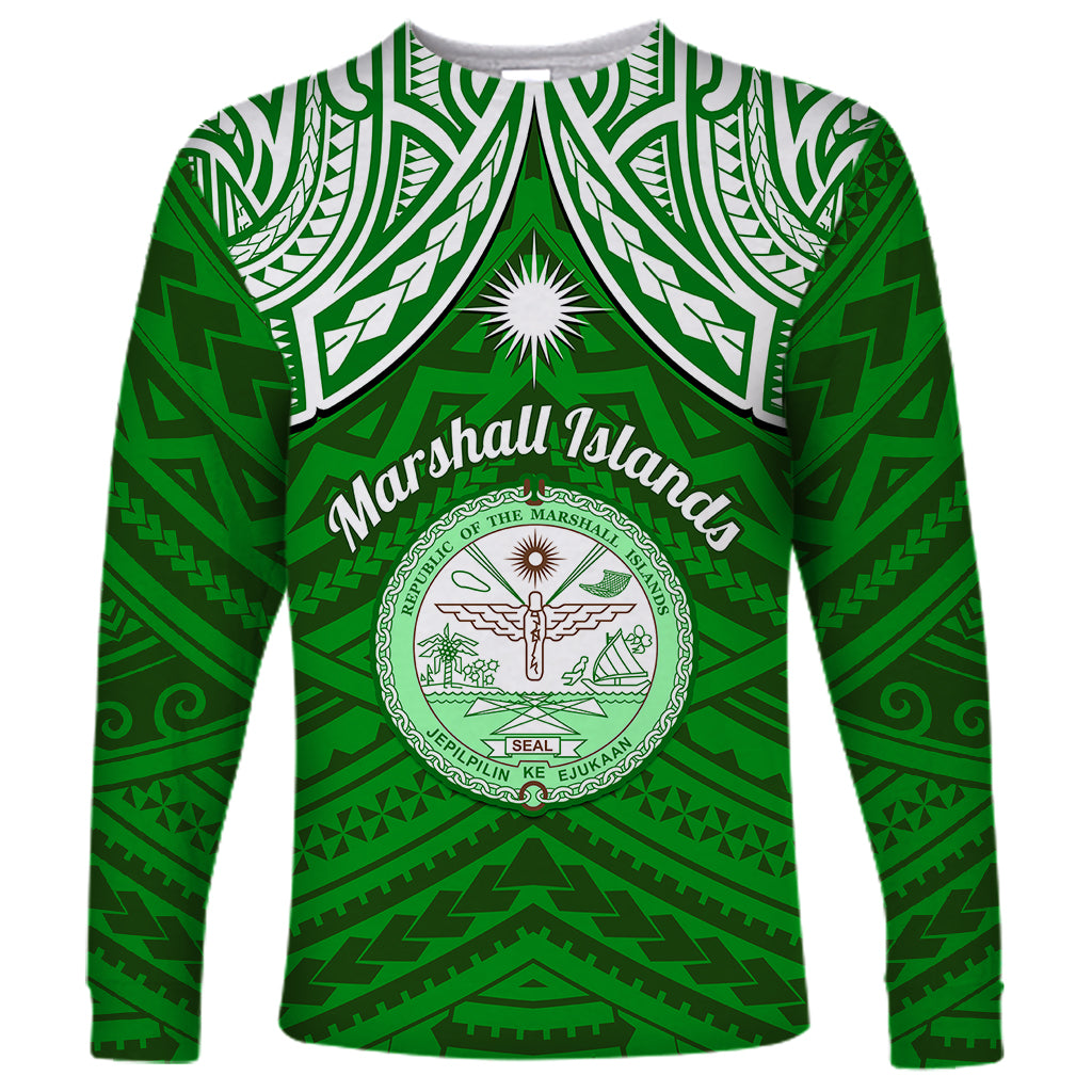 Personalised Marshall Islands Long Sleeve Shirt Green Polynesian Tribal Mix Coat Of Arms LT14 Unisex Green - Polynesian Pride