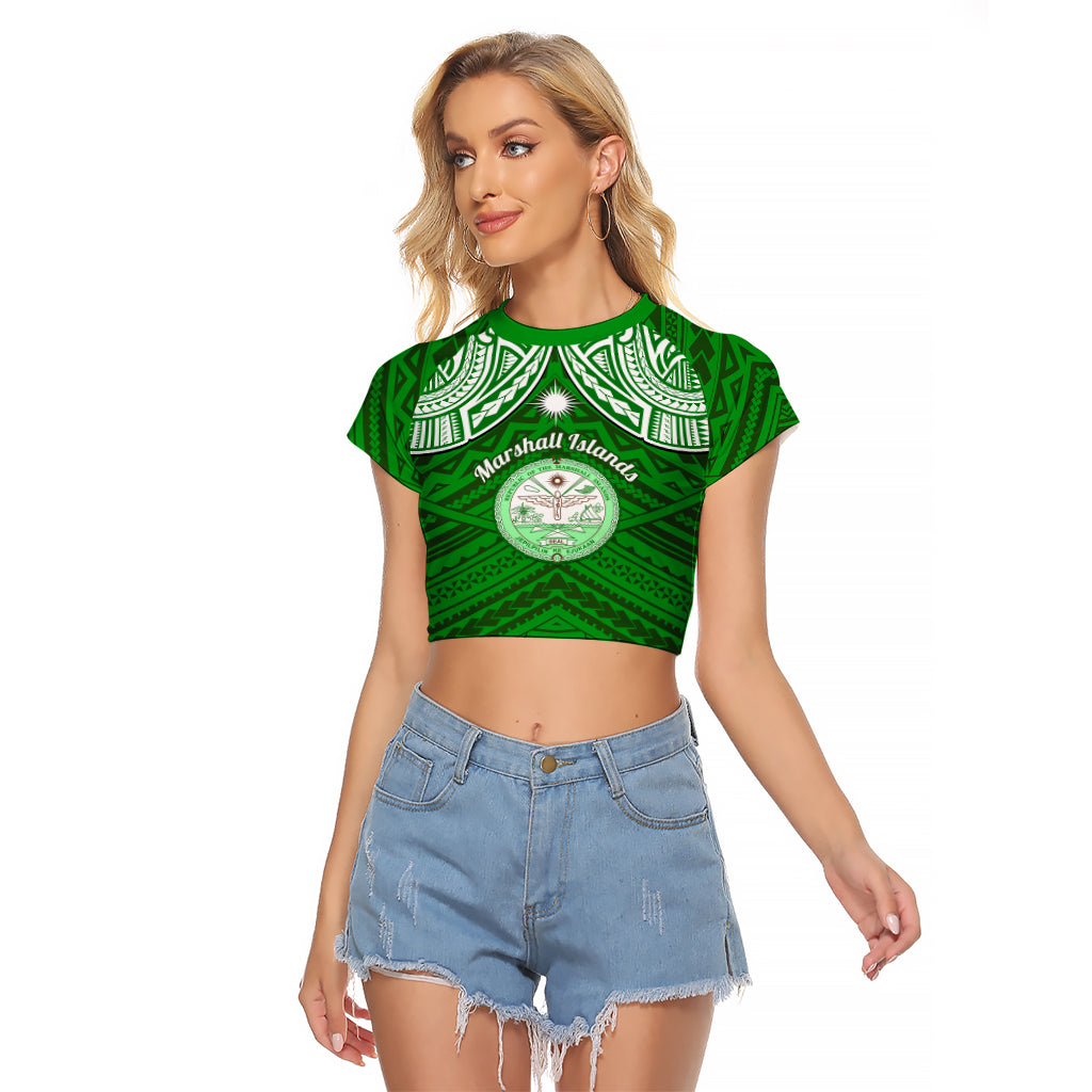 Personalised Marshall Islands Raglan Cropped T Shirt Green Polynesian Tribal Mix Coat Of Arms LT14 Female Green - Polynesian Pride