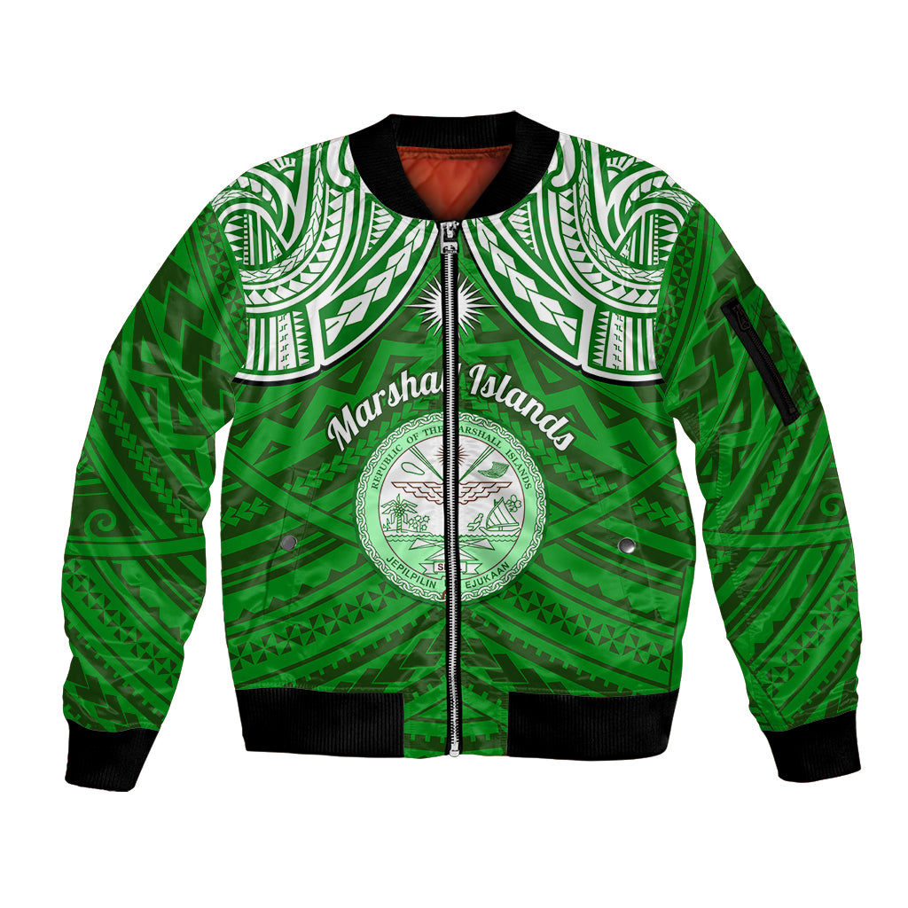 Personalised Marshall Islands Sleeve Zip Bomber Jacket Green Polynesian Tribal Mix Coat Of Arms LT14 Unisex Green - Polynesian Pride