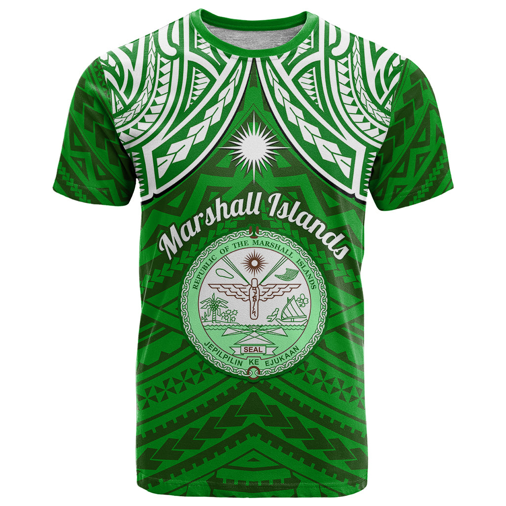 Custom Marshall Islands T Shirt Green Polynesian Tribal Mix Coat Of Arms LT14 Green - Polynesian Pride