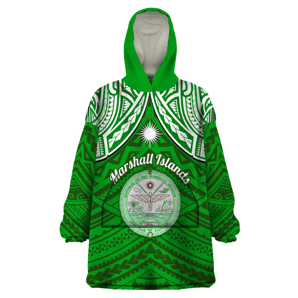 Personalised Marshall Islands Wearable Blanket Hoodie Green Polynesian Tribal Mix Coat Of Arms LT14 One Size Green - Polynesian Pride