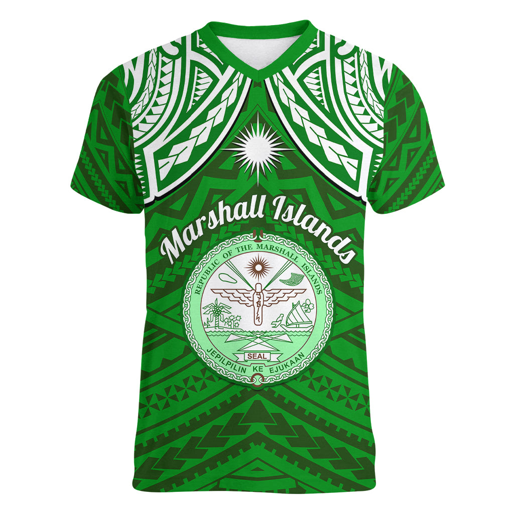 Personalised Marshall Islands Women V Neck T Shirt Green Polynesian Tribal Mix Coat Of Arms LT14 Female Green - Polynesian Pride