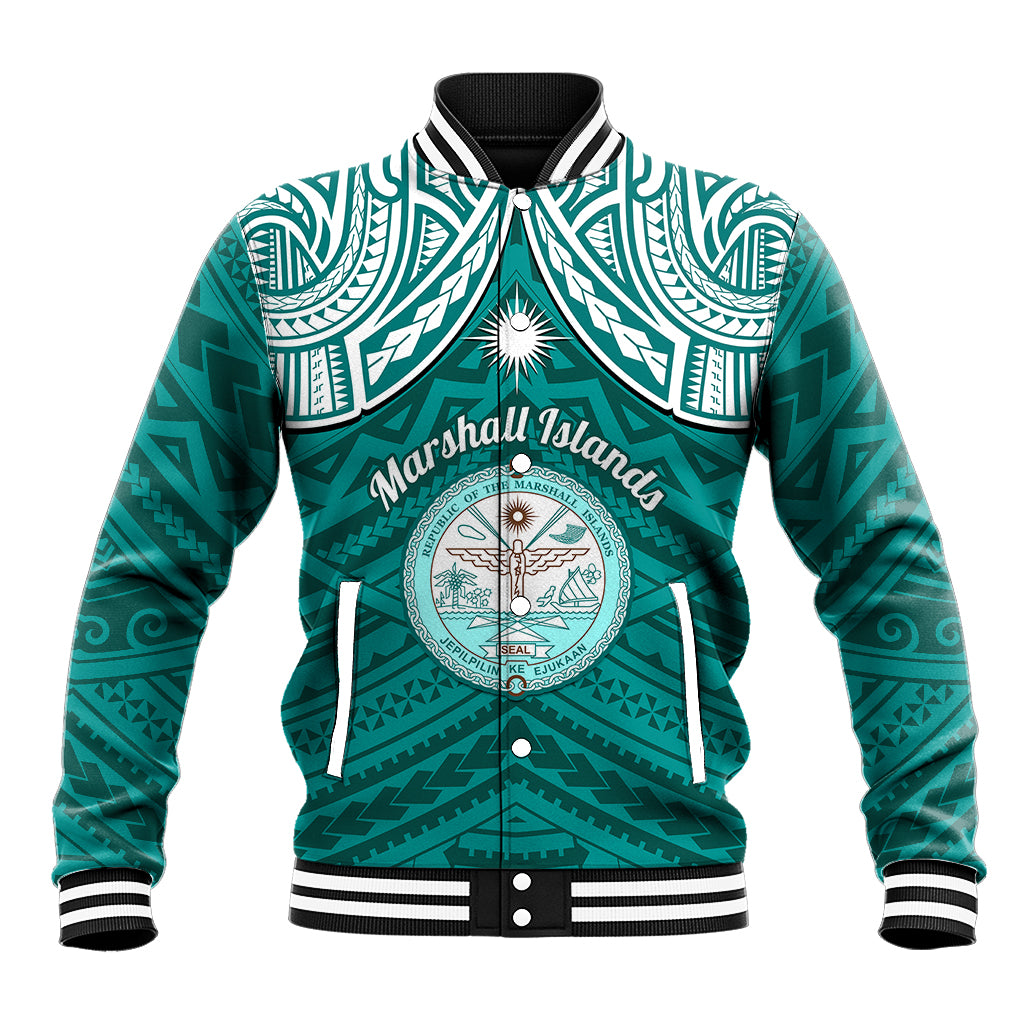 Personalised Marshall Islands Baseball Jacket Turquoise Polynesian Tribal Mix Coat Of Arms LT14 Unisex Turquoise - Polynesian Pride