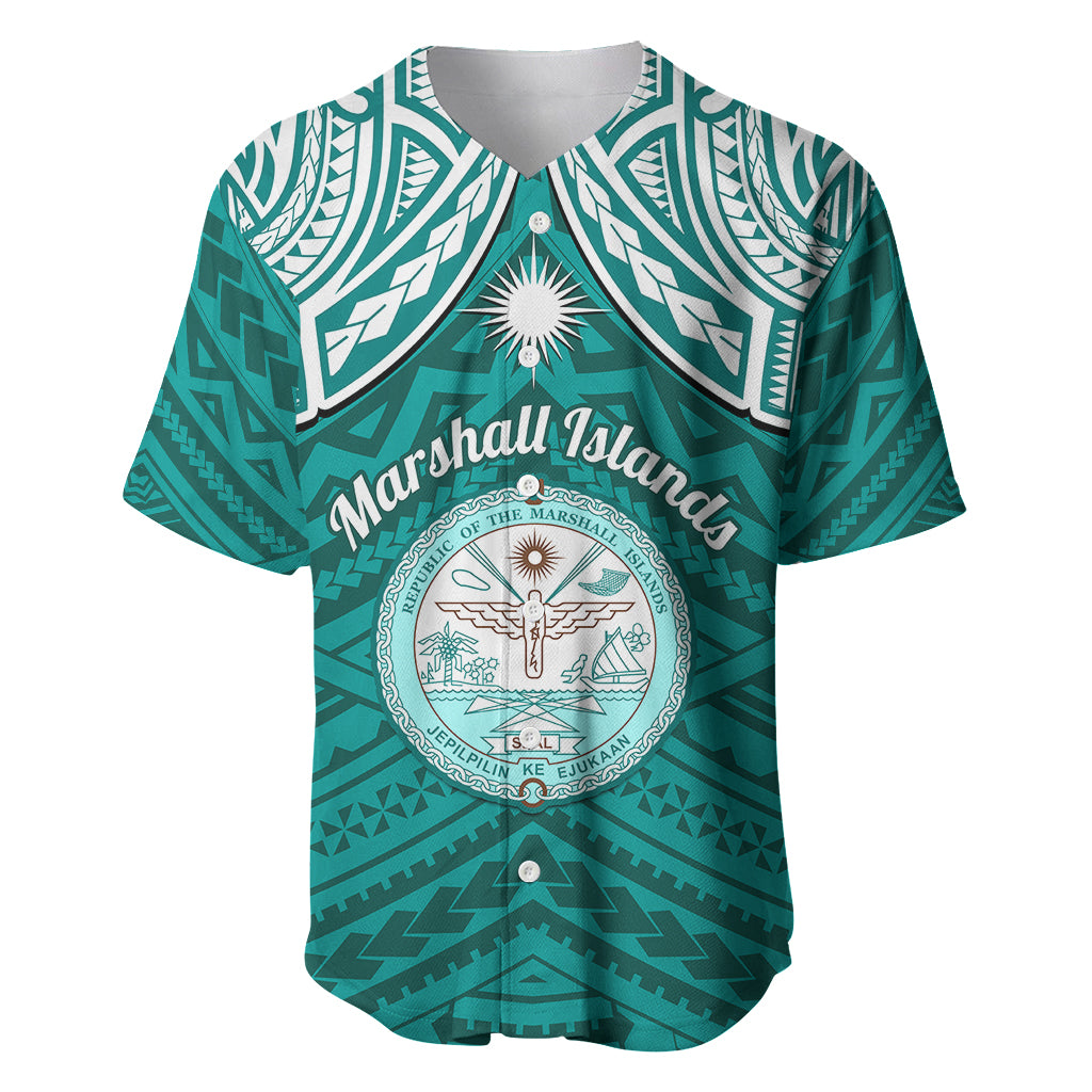 Personalised Marshall Islands Baseball Jersey Turquoise Polynesian Tribal Mix Coat Of Arms LT14 Turquoise - Polynesian Pride