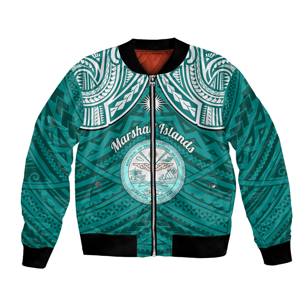 Personalised Marshall Islands Bomber Jacket Turquoise Polynesian Tribal Mix Coat Of Arms LT14 Unisex Turquoise - Polynesian Pride