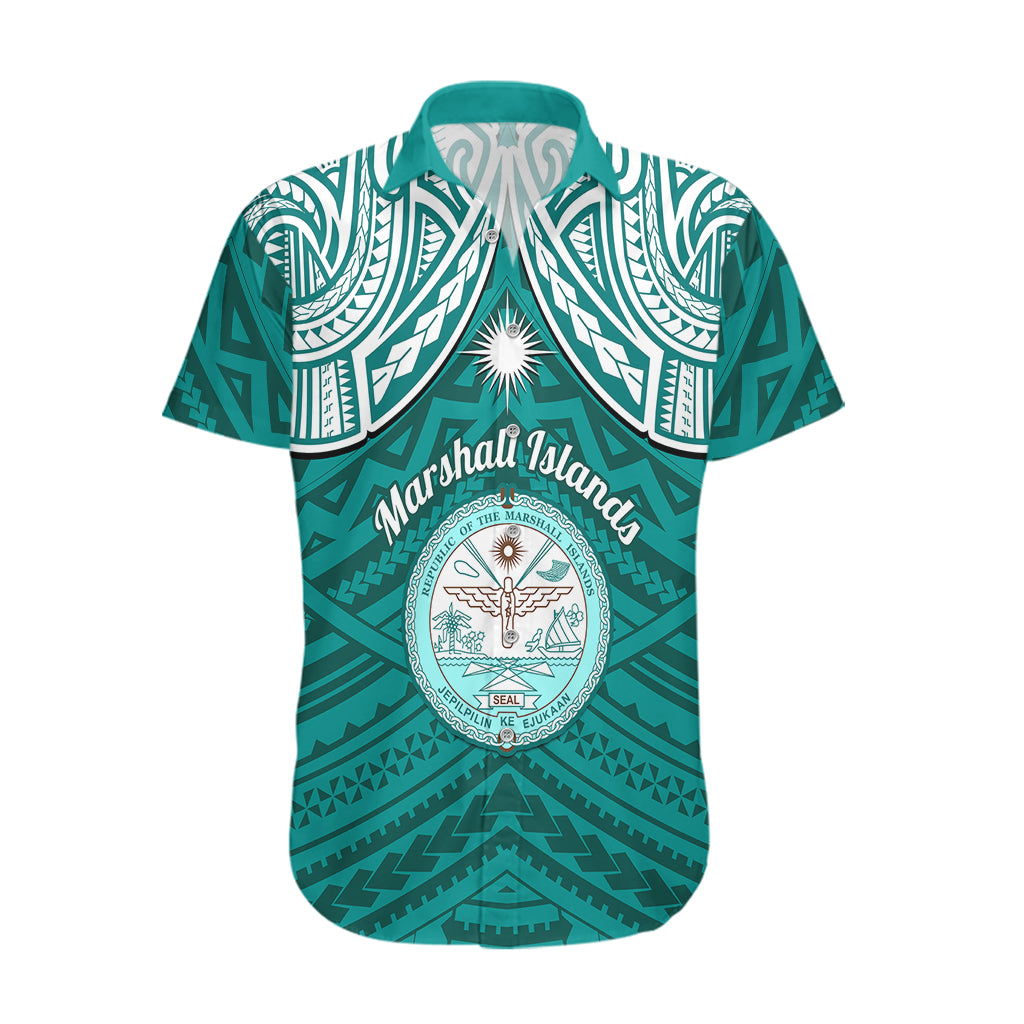 Personalised Marshall Islands Hawaiian Shirt Turquoise Polynesian Tribal Mix Coat Of Arms LT14 Turquoise - Polynesian Pride