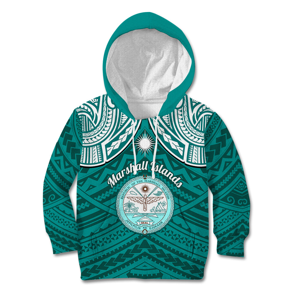 Personalised Marshall Islands Kid Hoodie Turquoise Polynesian Tribal Mix Coat Of Arms LT14 Hoodie Turquoise - Polynesian Pride