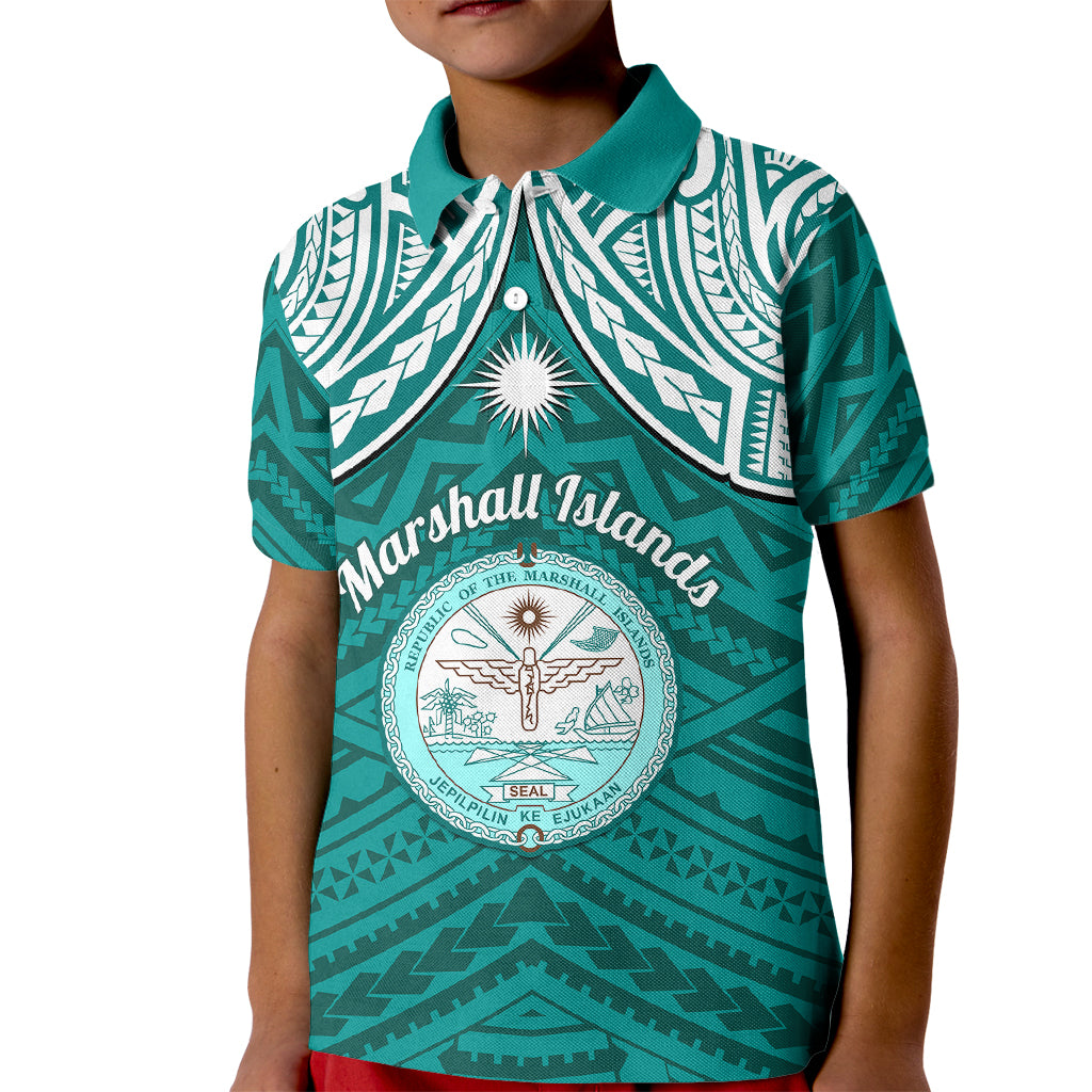 Personalised Marshall Islands Kid Polo Shirt Turquoise Polynesian Tribal Mix Coat Of Arms LT14 Kid Turquoise - Polynesian Pride