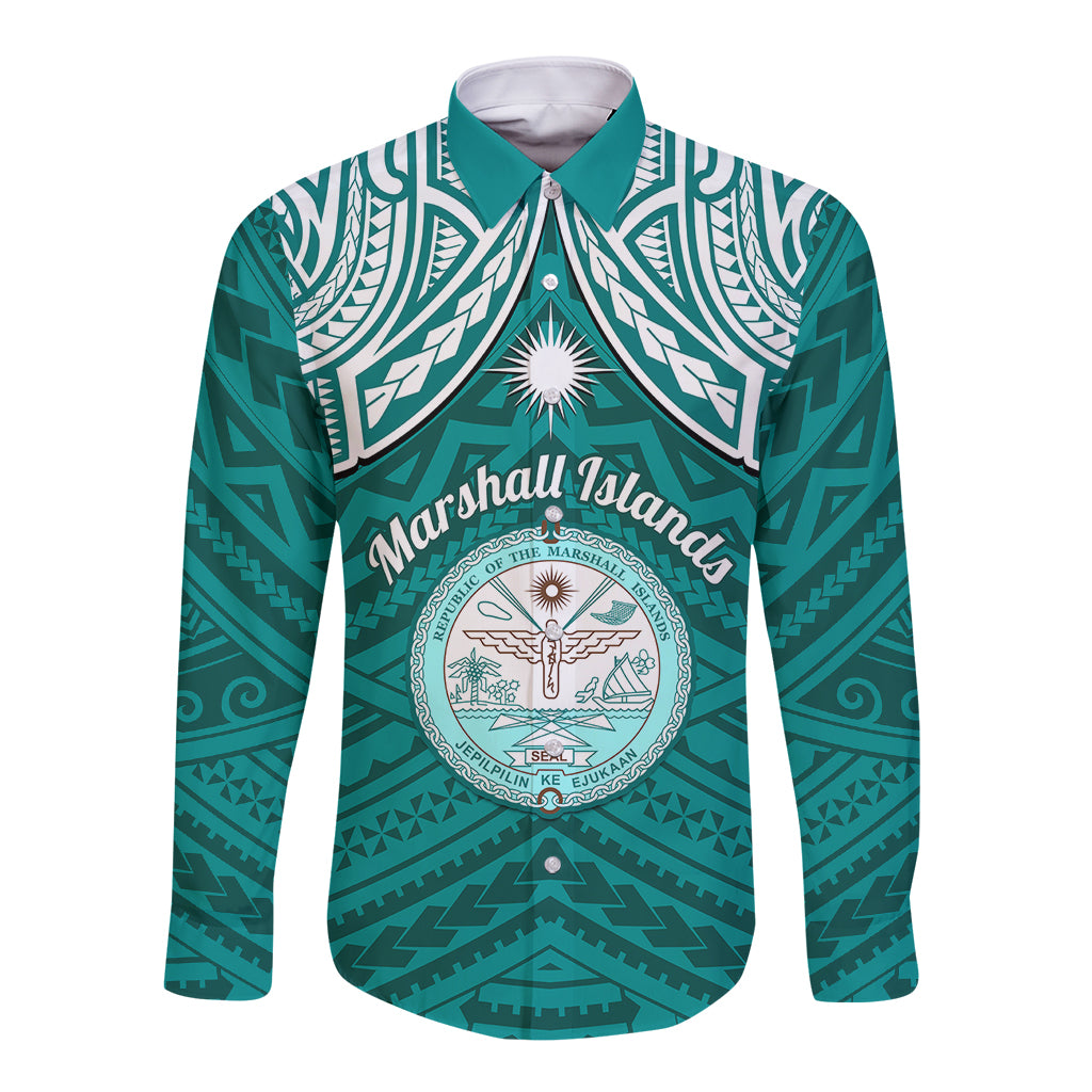 Personalised Marshall Islands Long Sleeve Button Shirt Turquoise Polynesian Tribal Mix Coat Of Arms LT14 Unisex Turquoise - Polynesian Pride