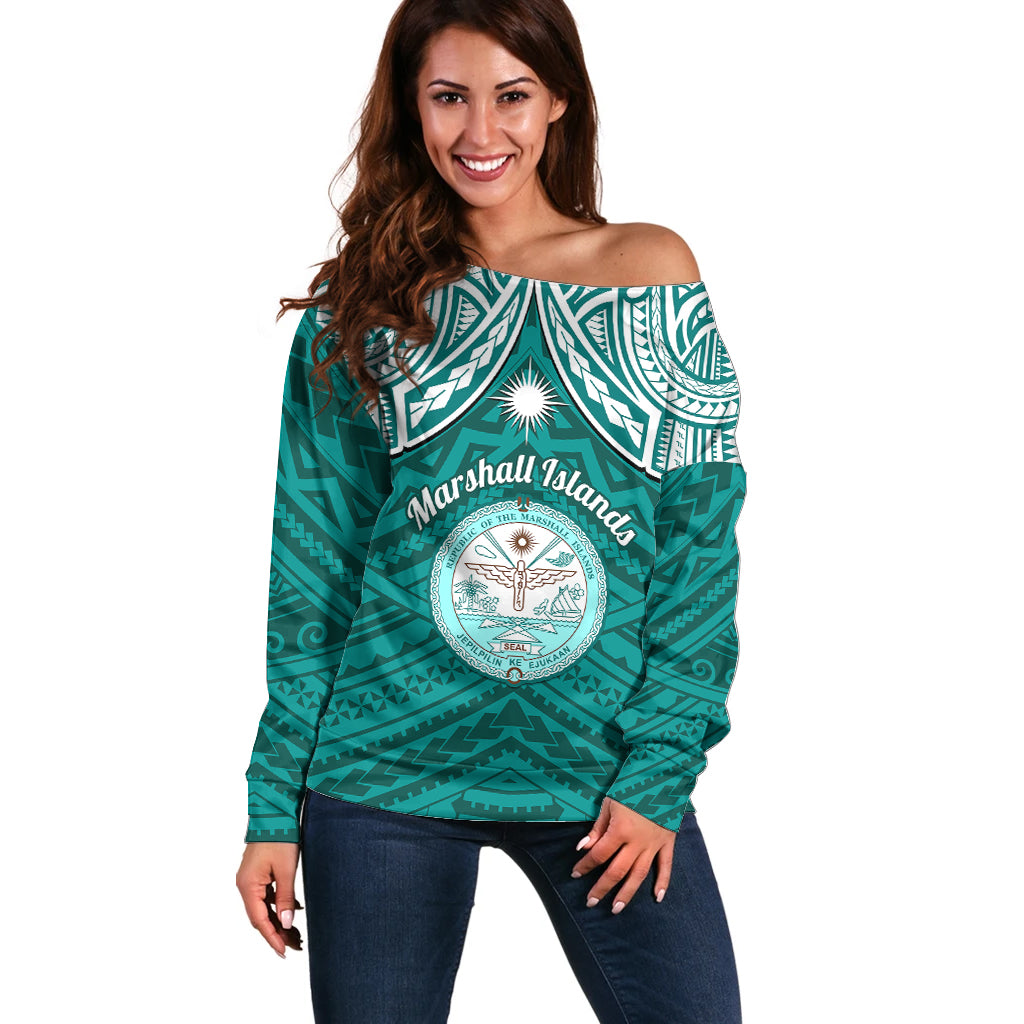 Personalised Marshall Islands Off Shoulder Sweater Turquoise Polynesian Tribal Mix Coat Of Arms LT14 Women Turquoise - Polynesian Pride