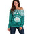 Personalised Marshall Islands Off Shoulder Sweater Turquoise Polynesian Tribal Mix Coat Of Arms LT14 Women Turquoise - Polynesian Pride