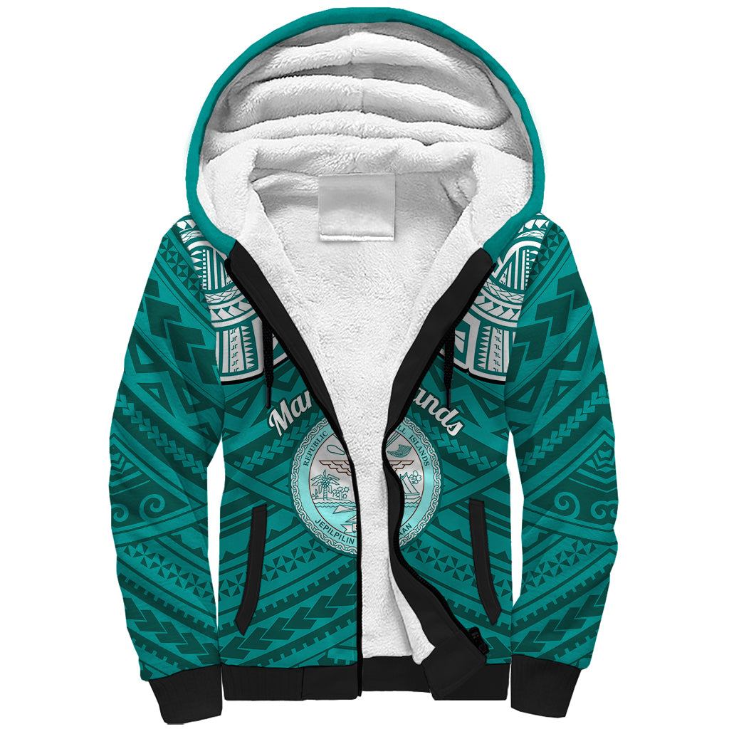 Personalised Marshall Islands Sherpa Hoodie Turquoise Polynesian Tribal Mix Coat Of Arms LT14 Unisex Turquoise - Polynesian Pride