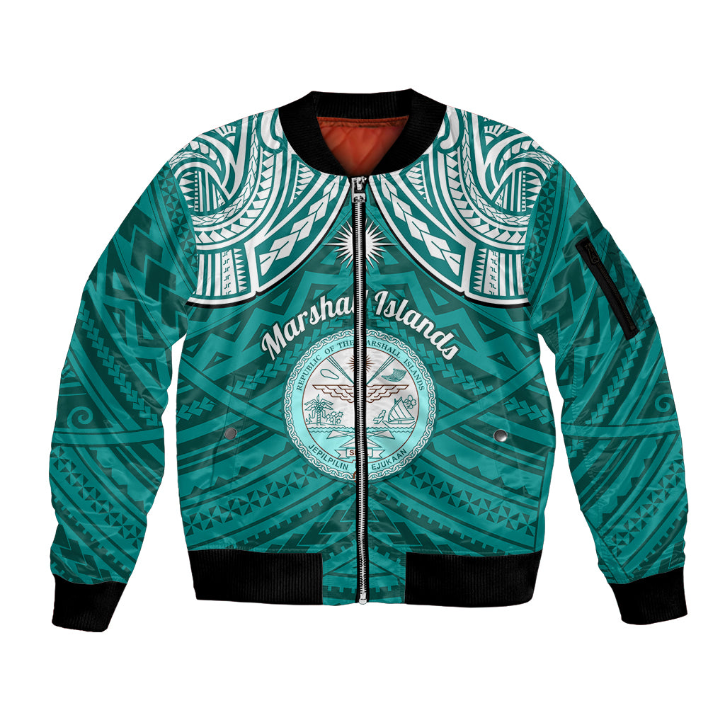 Personalised Marshall Islands Sleeve Zip Bomber Jacket Turquoise Polynesian Tribal Mix Coat Of Arms LT14 Unisex Turquoise - Polynesian Pride