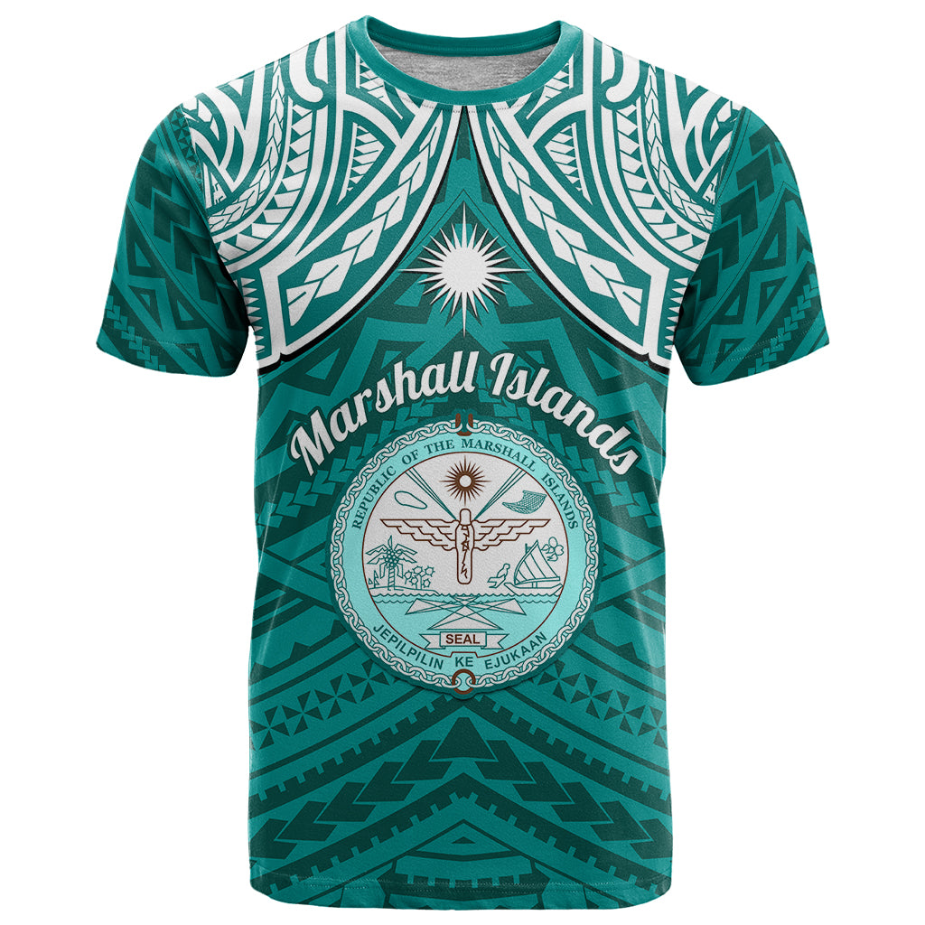 Custom Marshall Islands T Shirt Turquoise Polynesian Tribal Mix Coat Of Arms LT14 Turquoise - Polynesian Pride