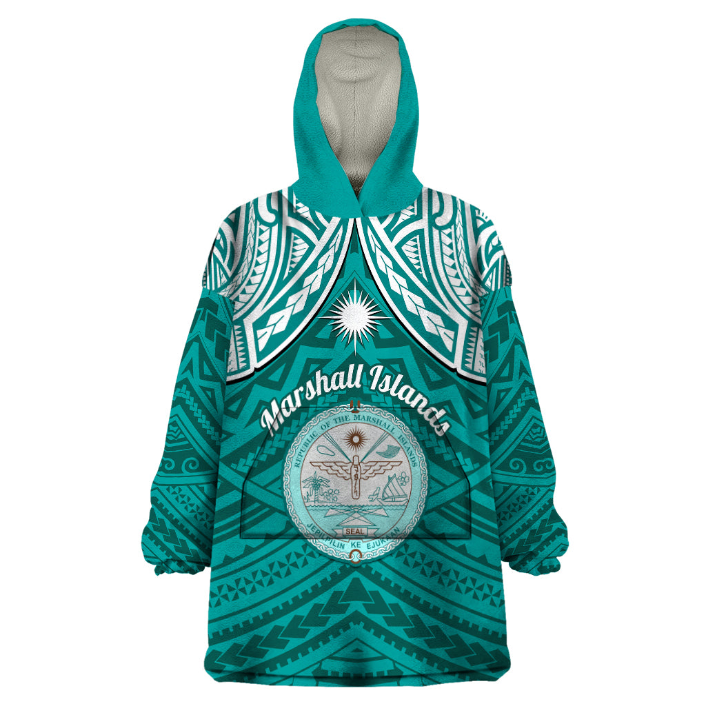 Personalised Marshall Islands Wearable Blanket Hoodie Turquoise Polynesian Tribal Mix Coat Of Arms LT14 One Size Turquoise - Polynesian Pride