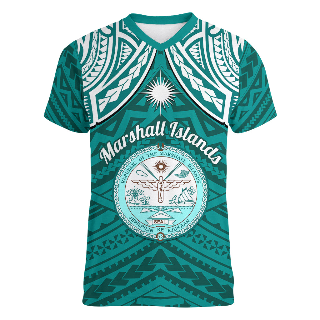 Personalised Marshall Islands Women V Neck T Shirt Turquoise Polynesian Tribal Mix Coat Of Arms LT14 Female Turquoise - Polynesian Pride