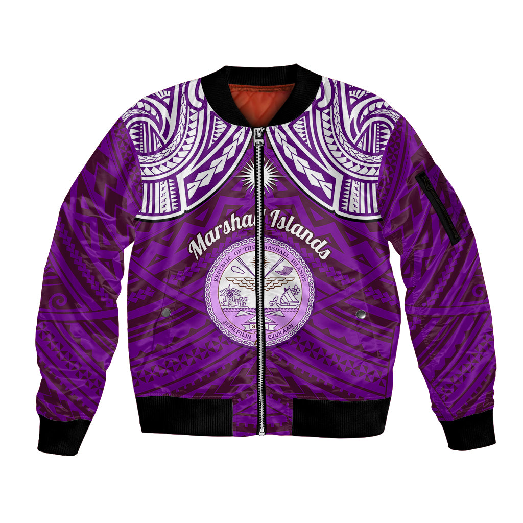 Personalised Marshall Islands Sleeve Zip Bomber Jacket Purple Polynesian Tribal Mix Coat Of Arms LT14 Unisex Purple - Polynesian Pride