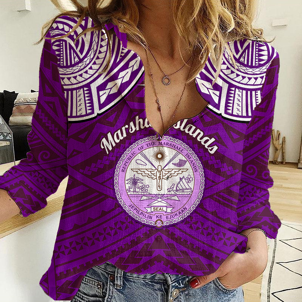 Personalised Marshall Islands Women Casual Shirt Purple Polynesian Tribal Mix Coat Of Arms LT14 Female Purple - Polynesian Pride