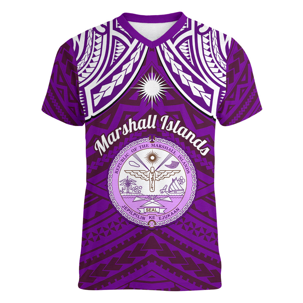 Personalised Marshall Islands Women V Neck T Shirt Purple Polynesian Tribal Mix Coat Of Arms LT14 Female Purple - Polynesian Pride