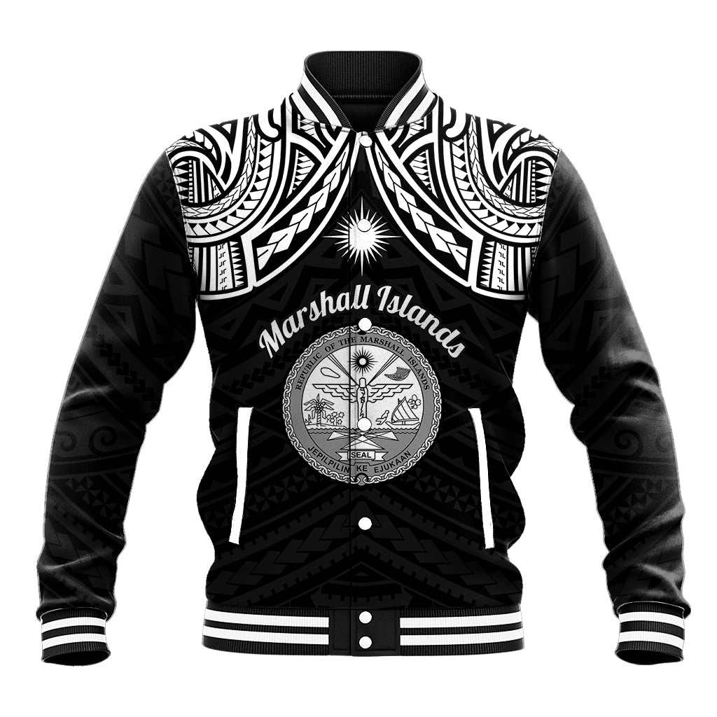 Personalised Marshall Islands Baseball Jacket Black Polynesian Tribal Mix Coat Of Arms LT14 Unisex Black - Polynesian Pride