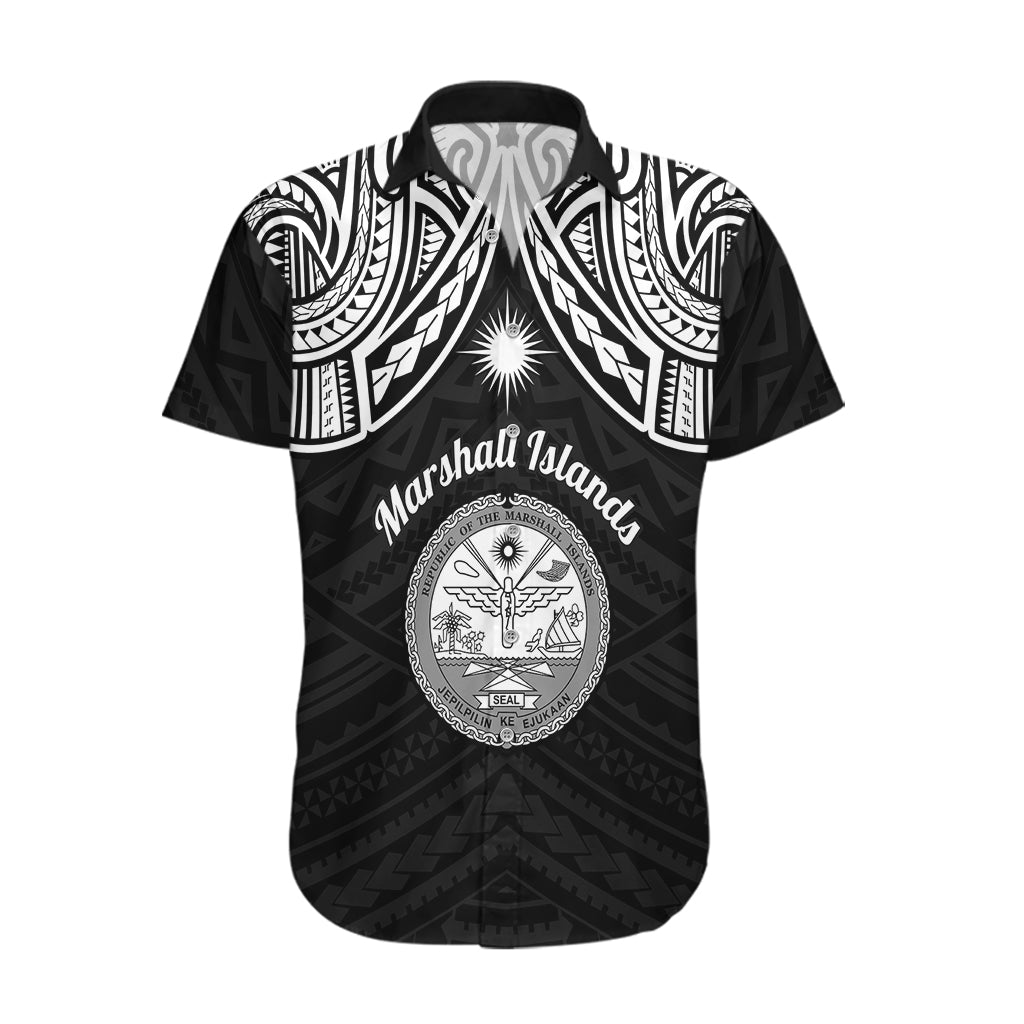 Personalised Marshall Islands Hawaiian Shirt Black Polynesian Tribal Mix Coat Of Arms LT14 Black - Polynesian Pride