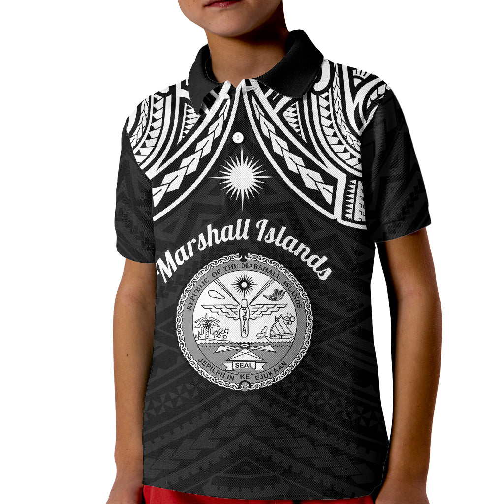 Personalised Marshall Islands Kid Polo Shirt Black Polynesian Tribal Mix Coat Of Arms LT14 Kid Black - Polynesian Pride