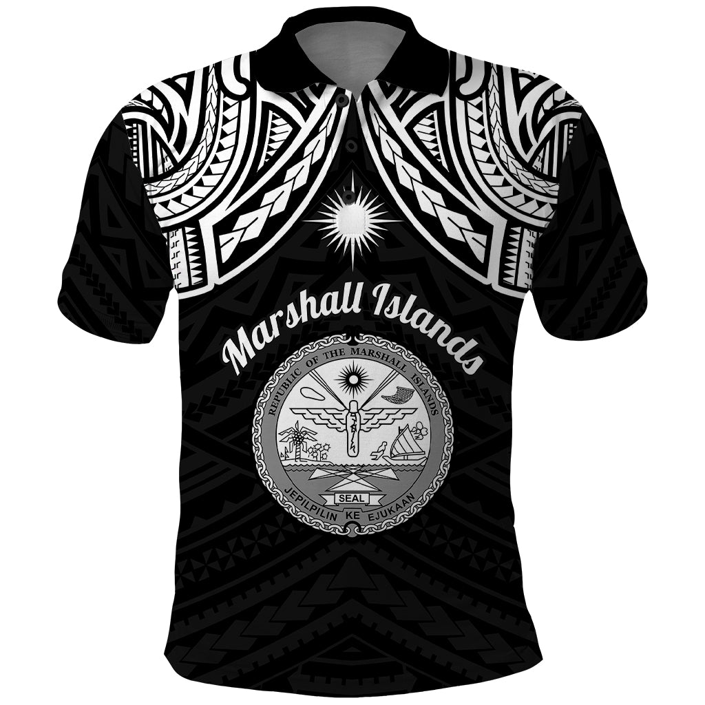 Custom Marshall Islands Polo Shirt Black Polynesian Tribal Mix Coat Of Arms LT14 Black - Polynesian Pride