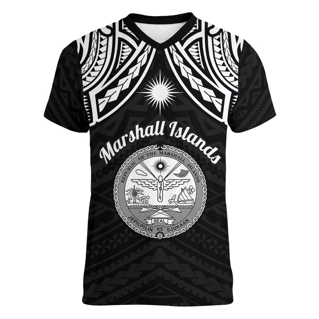 Personalised Marshall Islands Women V Neck T Shirt Black Polynesian Tribal Mix Coat Of Arms LT14 Female Black - Polynesian Pride