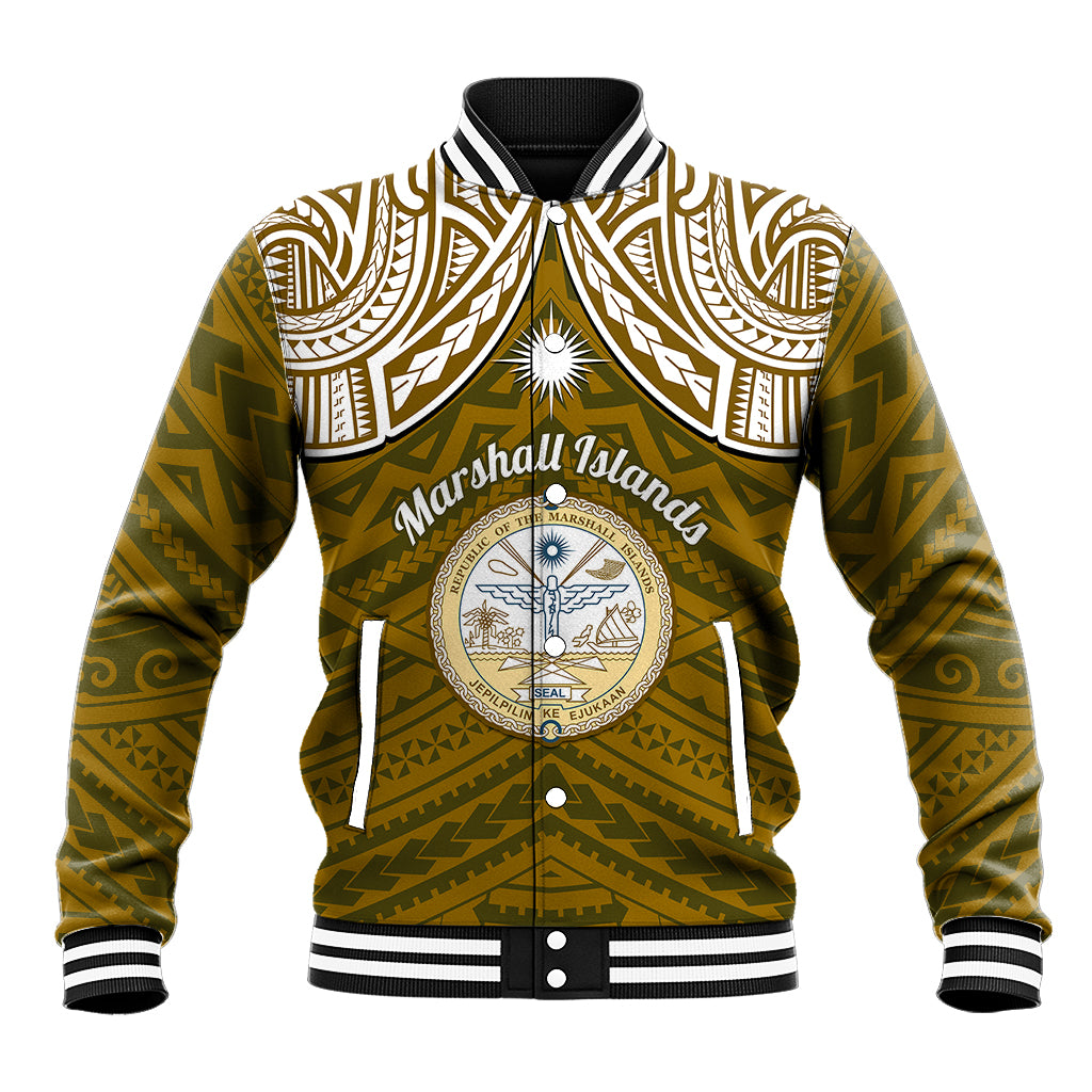 Personalised Marshall Islands Baseball Jacket Gold Polynesian Tribal Mix Coat Of Arms LT14 Unisex Gold - Polynesian Pride