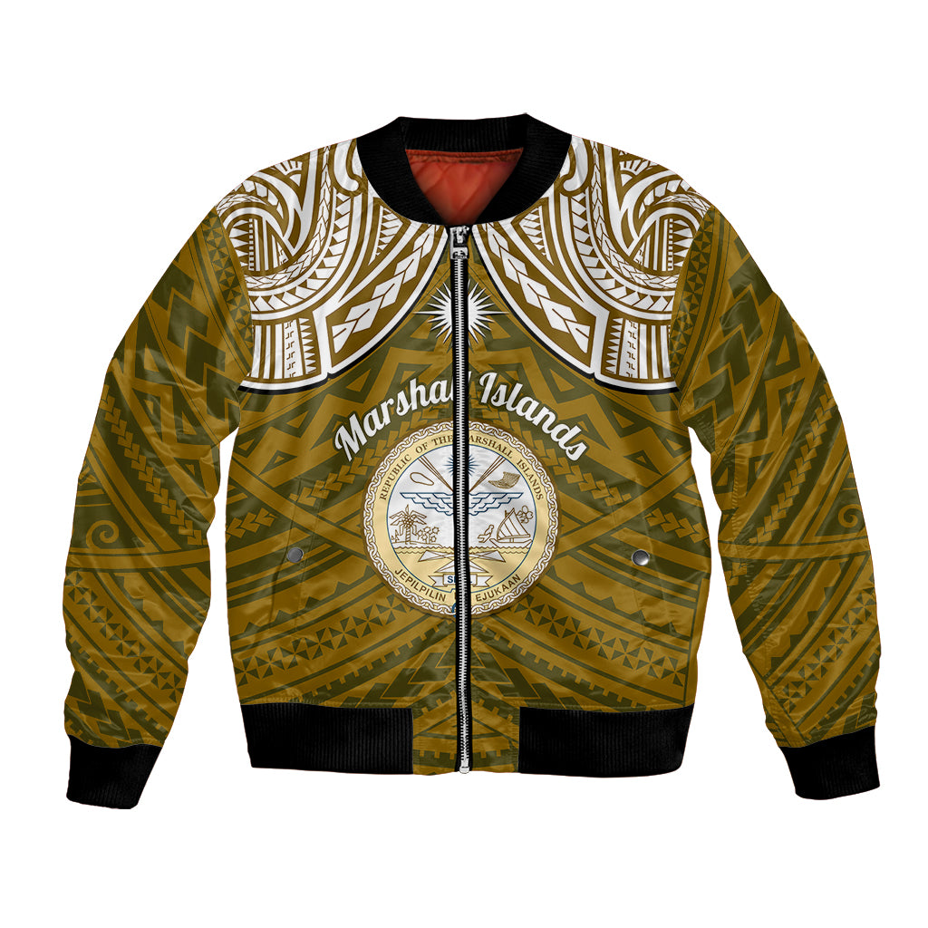 Personalised Marshall Islands Bomber Jacket Gold Polynesian Tribal Mix Coat Of Arms LT14 Unisex Gold - Polynesian Pride